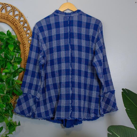 Lagenlook Blue Plaid Frayed Edge Button Top L Habitat Cotton Shirt | Soft Summer - Picture 2 of 13